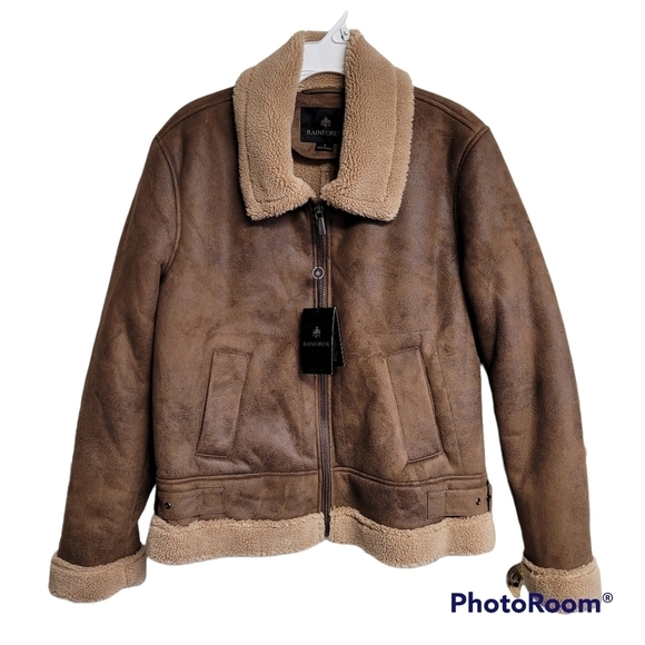 Rainforest Brown Sherpa Lined Full Zip Rain Resistant Bomber Jacket Size Small - Picture 1 of 11